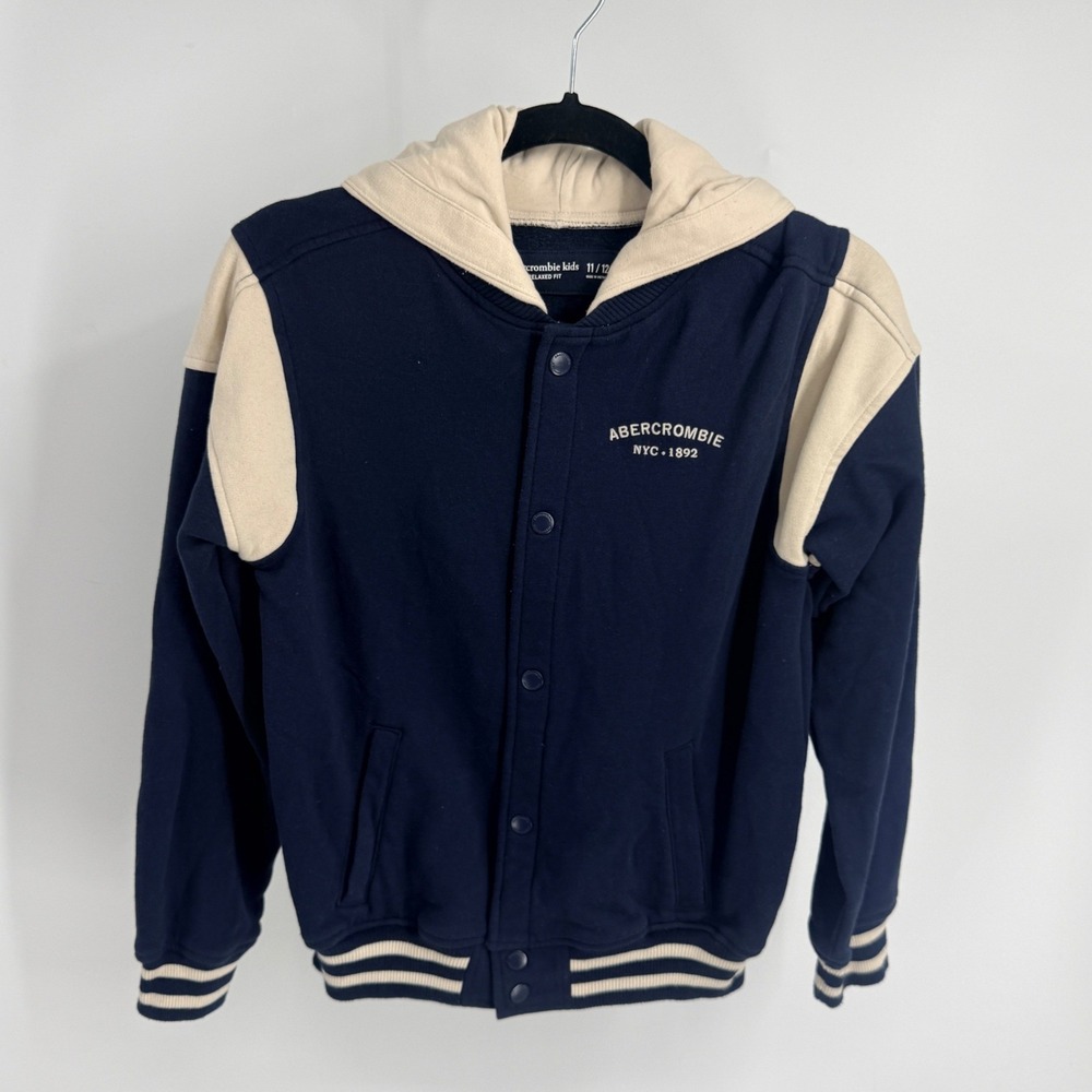 Abercrombie Kids Navy Blue Varsity Hooded Jacket Relaxed Fit 11/12 NYC 1892